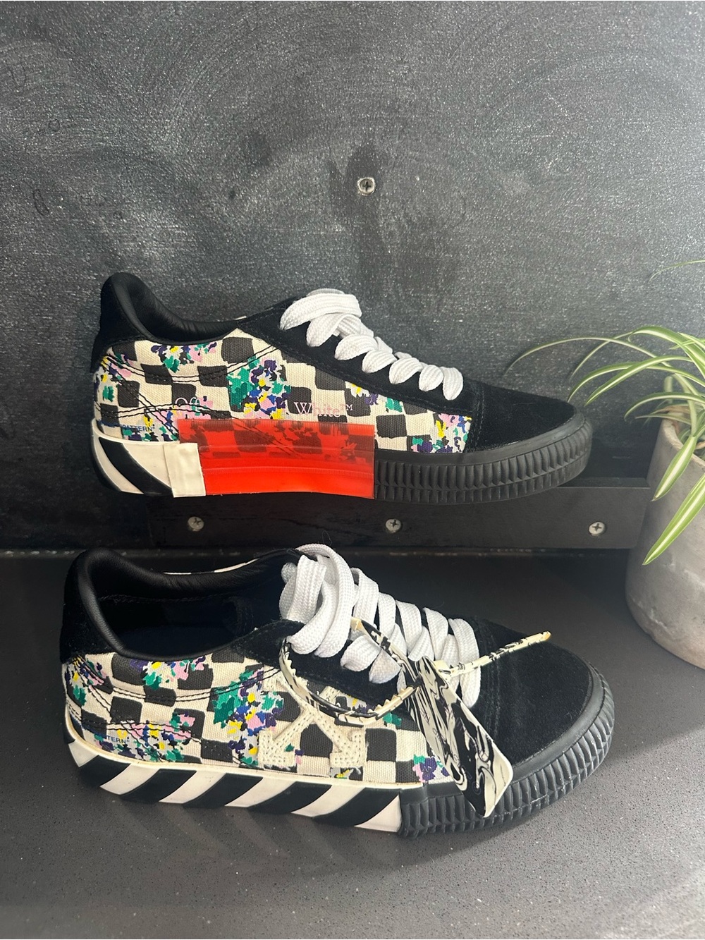 Women’s Off White Black Checkered digi camo Floral Sneakers with Red Accent